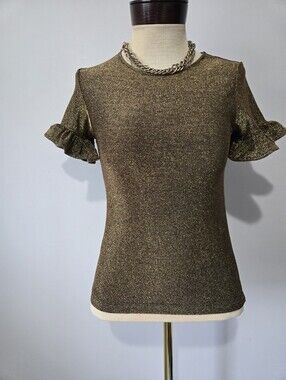 Las Pepas Argentina Gold Metallic Ruffle Sleeve Stretch Top. Size 1